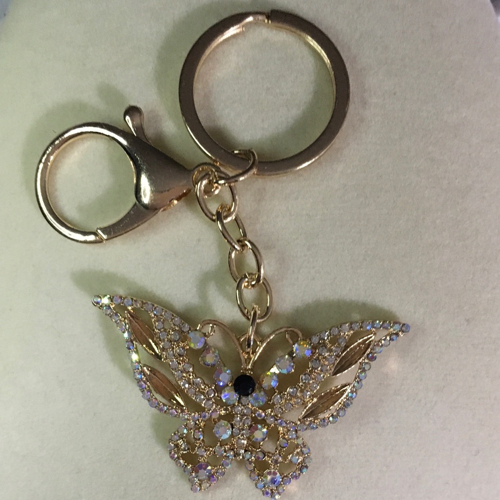 Gold Butterfly Keychain with Rhinestones NEW